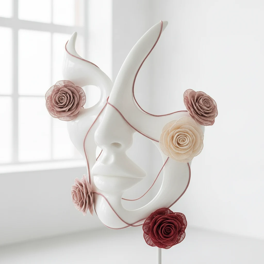Sculptural mask adorned with roses, representing beauty clinic artistry