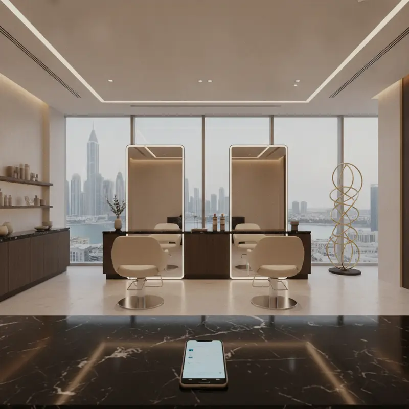 Salon mobile app booking interface at Velvet Chair Salon, Dubai Marina