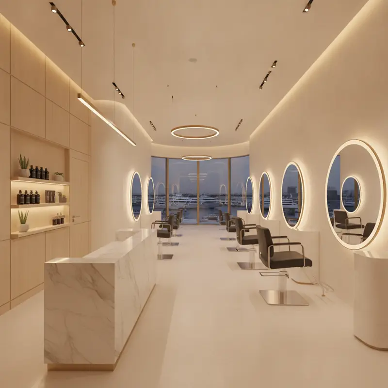 Upscale hair salon interior at Lumière Hair Studio, Dubai Marina